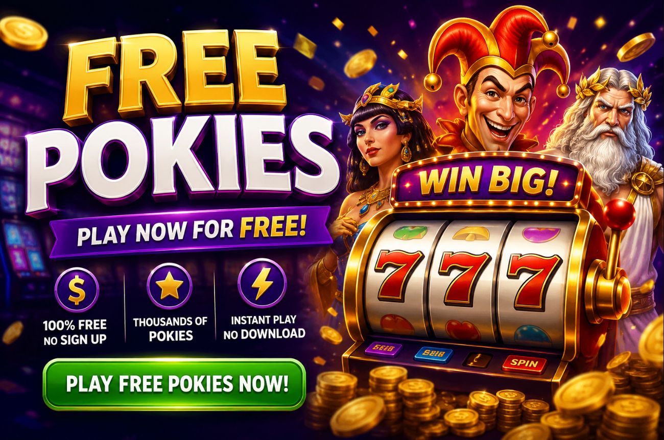 Colorful free pokies online banner featuring a glowing slot machine with triple 7s, casino coins, and classic slot game characters promoting free-to-play pokie games with no download or sign-up required
