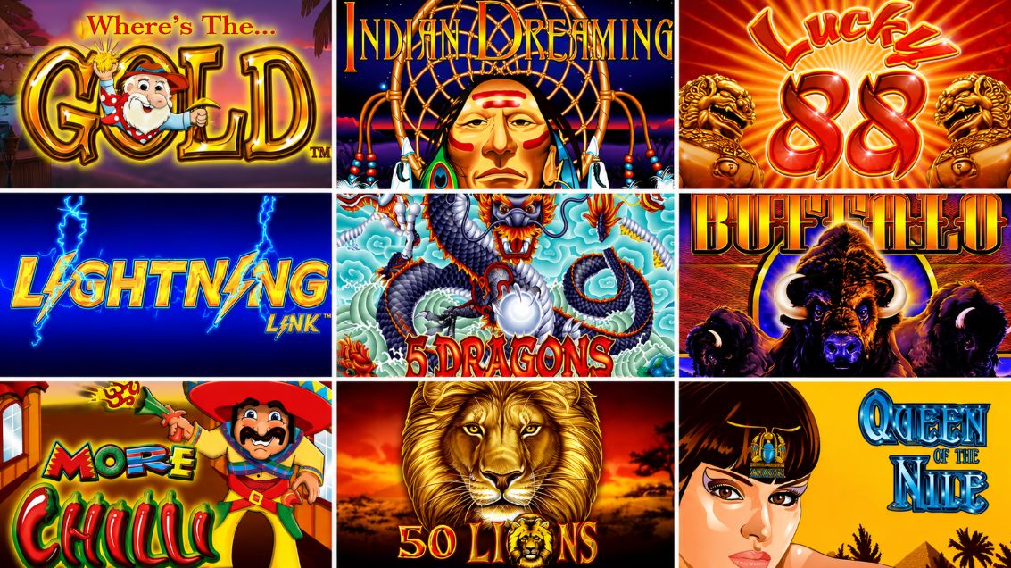Collage of popular Aristocrat pokies including Buffalo, Lightning Link, 5 Dragons, Queen of the Nile, More Chilli, 50 Lions, Indian Dreaming, Lucky 88, and Where's the Gold.