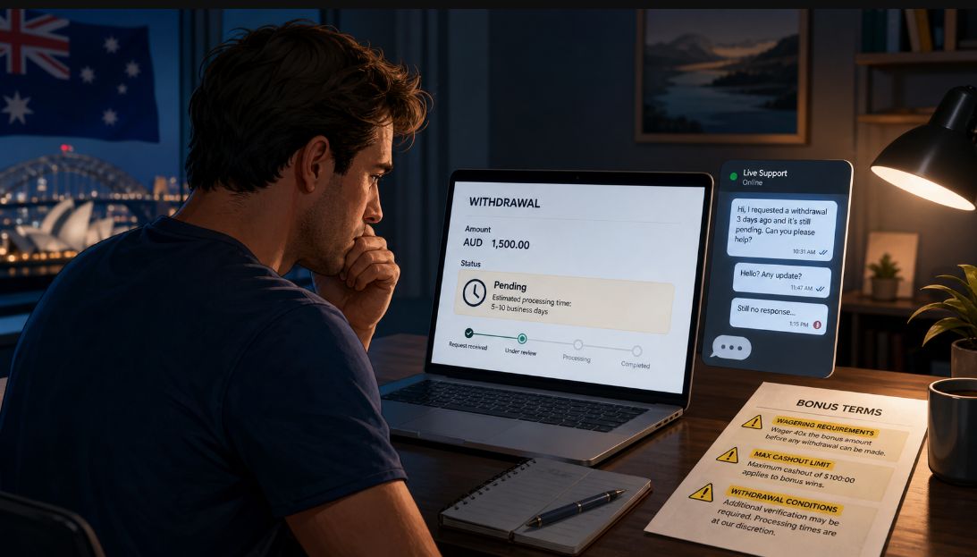 Australian player checking a casino withdrawal page with warning signs about slow payouts, support delays and bonus terms.
