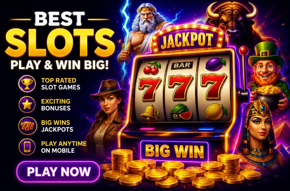 Best online slots featuring a jackpot slot machine, gold coins, and popular casino themes including mythology, adventure, Egypt, buffalo, and leprechaun characters