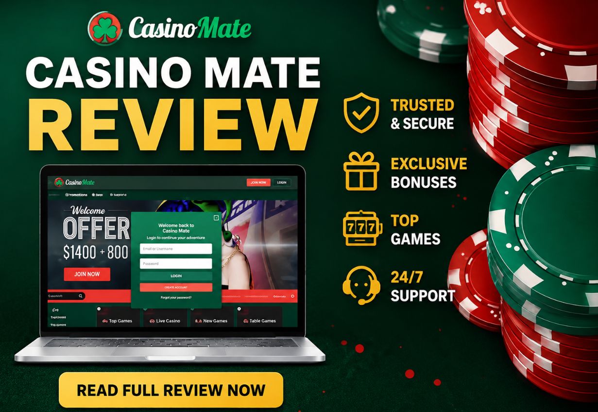 Casino Mate Review promotional banner featuring a laptop displaying the Casino Mate online casino website, poker chips, and text highlighting trusted security, exclusive bonuses, top casino games, and 24/7 support.