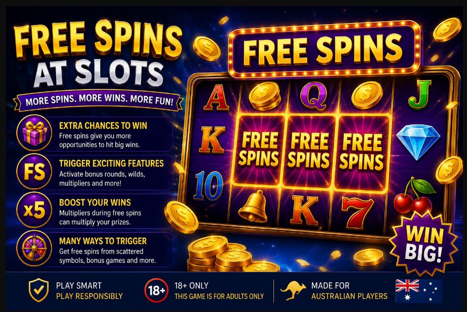 Free spins at online slots featuring bonus spins, multipliers and winning slot symbols for Australian players.