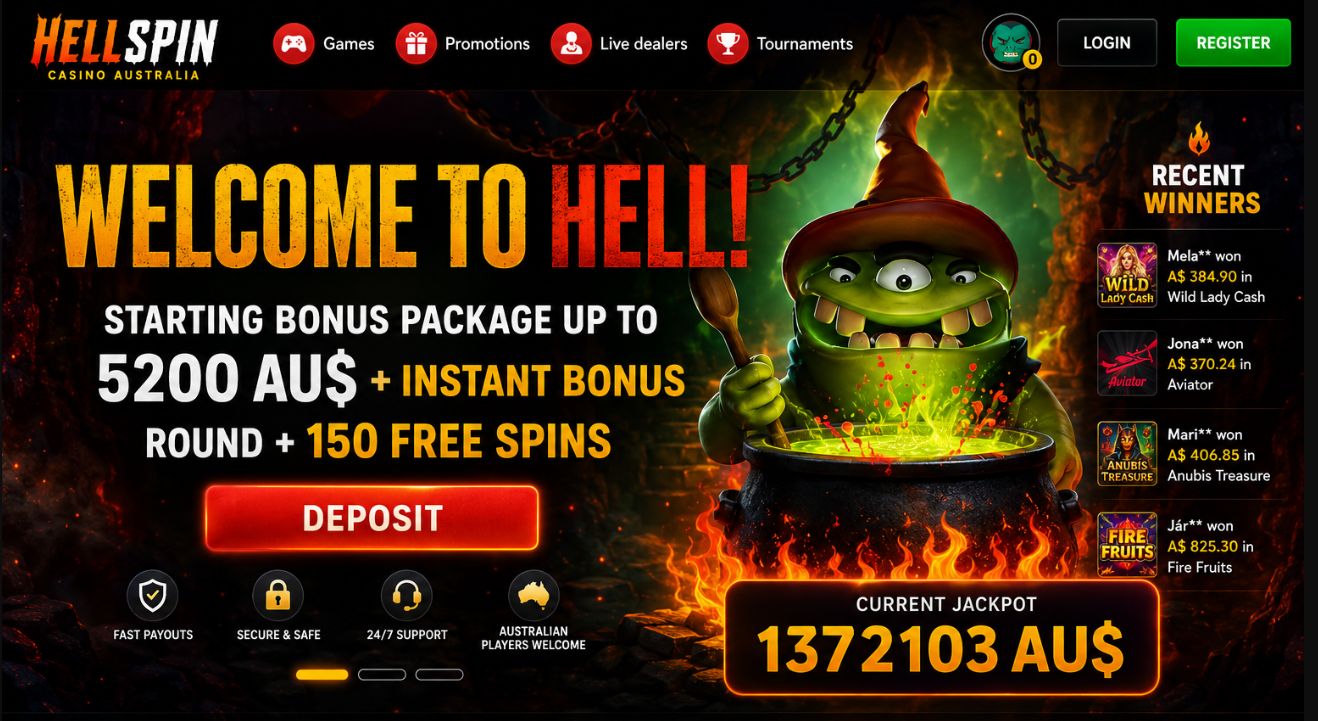 HellSpin Casino Australia homepage featuring the welcome bonus, jackpot display, goblin-themed graphics, recent winners, and online pokies promotions.