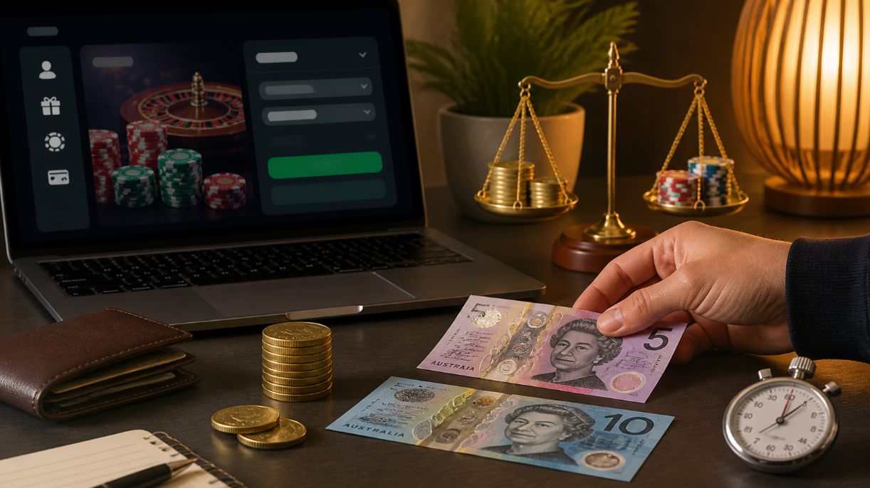 Australian player comparing a $5 and $10 casino deposit with coins, a laptop cashier screen, and budgeting cues.