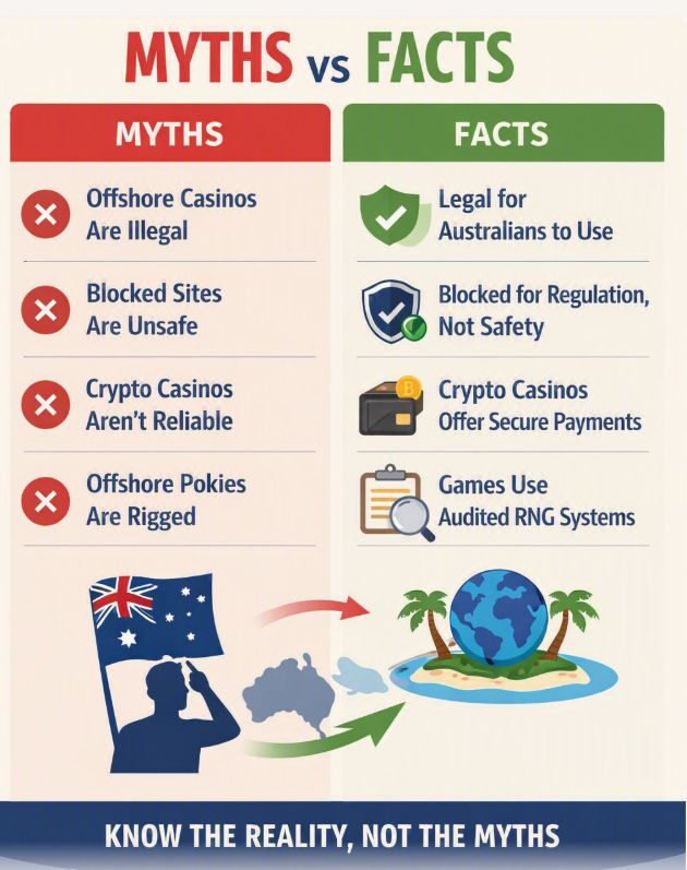 Educational infographic for Australian players comparing offshore casino myths and facts. The left column lists common misconceptions such as “Offshore casinos are illegal” and “Pokies are rigged,” while the right column shows factual corrections like “Legal for Australians to use” and “Games use audited RNG systems.” Designed to inform, not promote gambling.