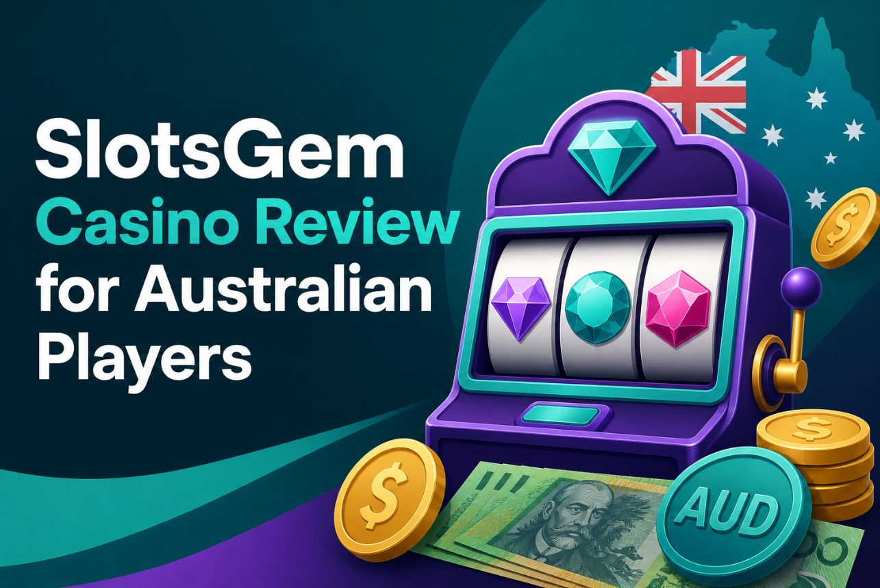 Stylised gemstone slot machine with Australian dollar icons on a teal and purple background for a SlotsGem Casino review.