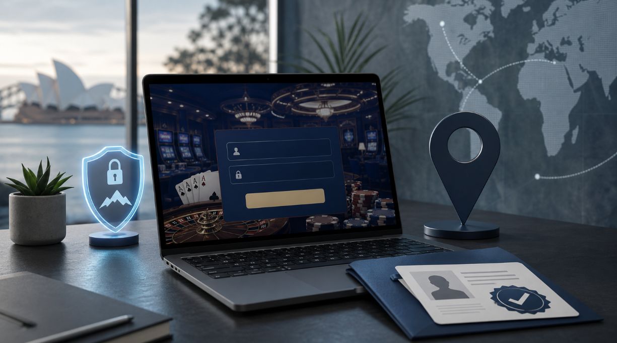 Australian player viewing an offshore casino login page with VPN, location, and verification risk cues.