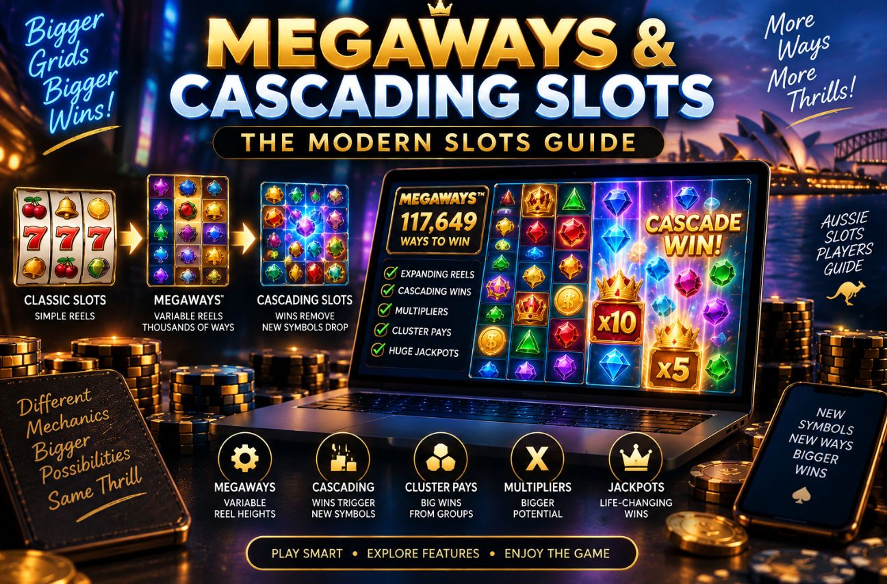 Megaways and cascading slots guide showing variable reels, cascading wins, multipliers and 117,649 ways to win