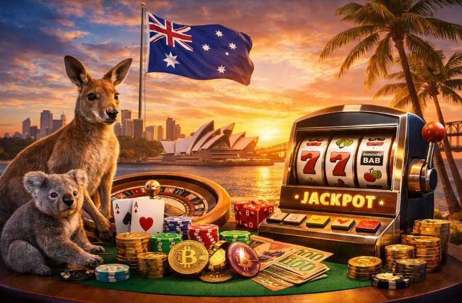 Photorealistic Australian offshore casino scene featuring kangaroo, koala, poker chips, crypto coins, roulette wheel, and slot machine with Sydney Opera House and Harbour Bridge at sunset — symbolizing trusted offshore gaming for Australian players.