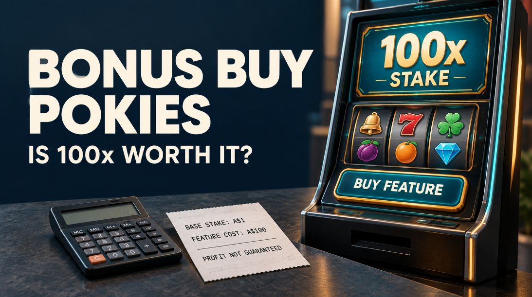 Pokie machine with a 100x stake feature-buy button beside a calculator and receipt showing a A$1 base stake and A$100 bonus cost.