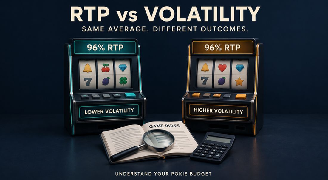 Two pokie machines displaying 96% RTP with lower and higher volatility labels, alongside game rules and a calculator.