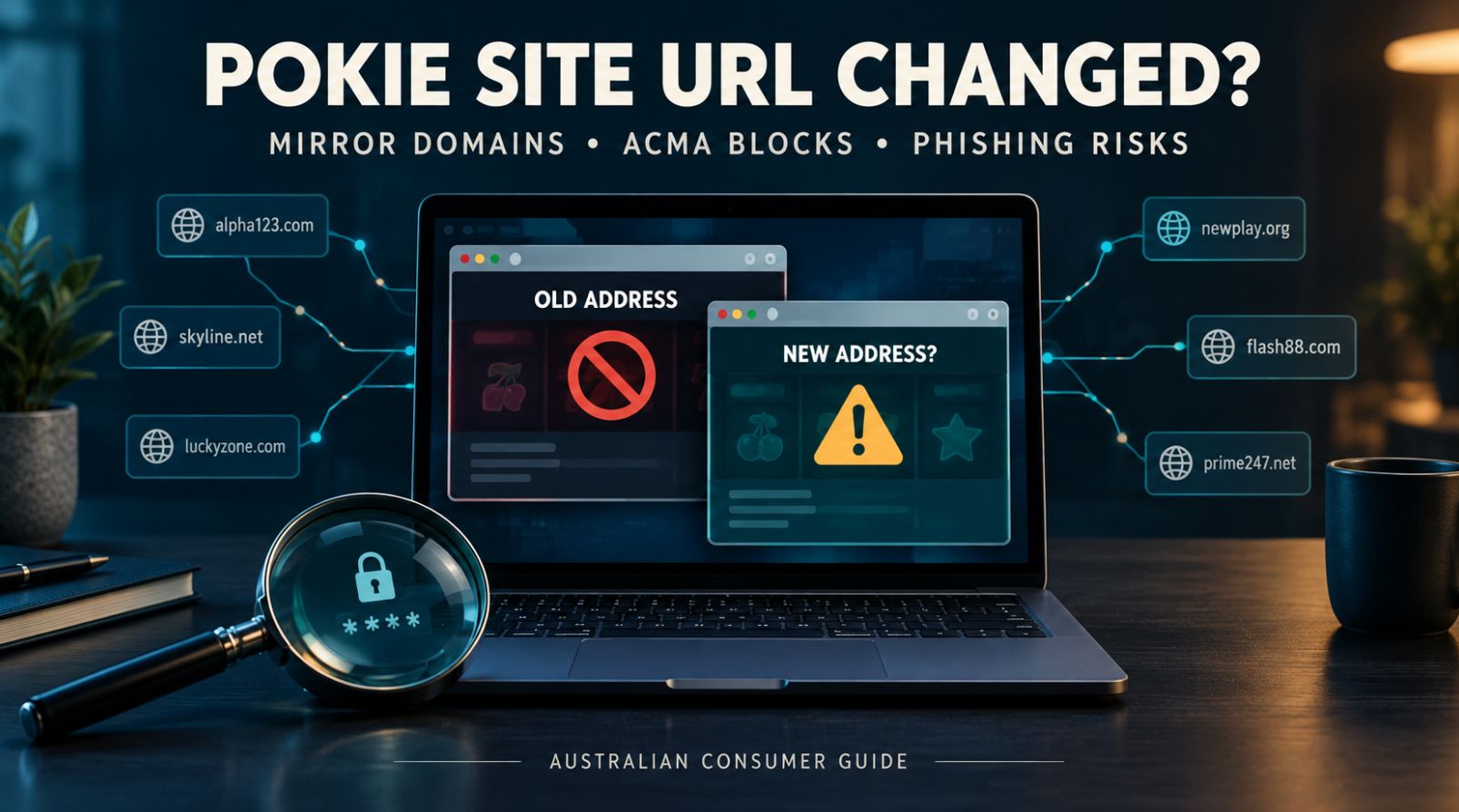 Laptop showing old and new pokie site addresses with blocking and warning symbols, illustrating mirror domains and phishing risks.
